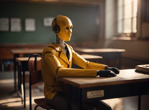 android robot studying at school. AI generation