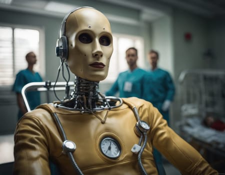 robot android at the hospital. Repair . Ai generation