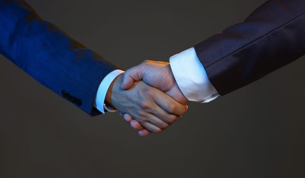 Man in suit shake hand as hello in office closeup. Friend welcome mediation offer positive introduction greet or thanks gesture summit participate approval background strike arm bargain concept