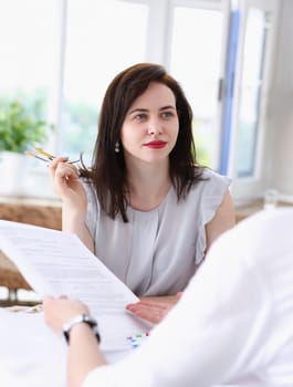 Beautiful smiling businesswoman portrait at workplace look in camera. White collar worker at workspace exchange market job offer irs certified public accountant internal revenue officer concept