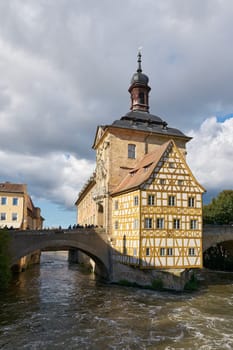 Bamberg, Germany – September 28, 2024: The Old Town Hall, altes Rathaus on an artificial island in the River Regnitz in the old town of Bamberg in Bavaria, Germany