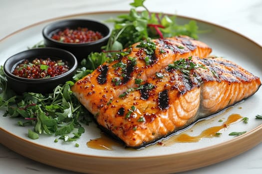 A beautifully cooked salmon fillet is garnished with fresh herbs, accompanied by two small bowls of sauces. The dish is presented on a rustic plate that enhances its appeal.