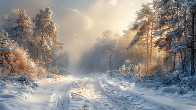 Snow blankets the ground and trees in a tranquil winter setting, while soft sunlight filters through the branches, creating a peaceful atmosphere.