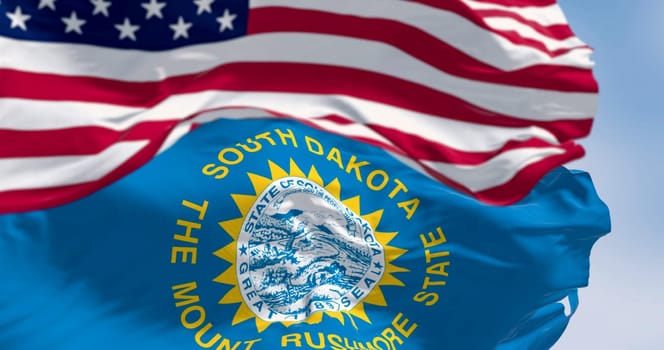 Close-up of South Dakota state flag waving with the national flag of the United States of America. 3d illustration render. Selective focus. Rippled fabric
