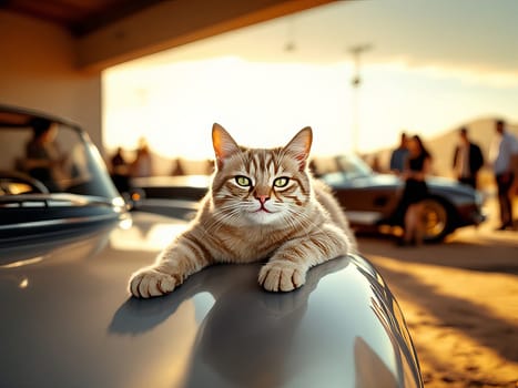 Adorable ginger cat resting on classic car hood during sunset, creating nostalgic and heartwarming scene. Ai generated