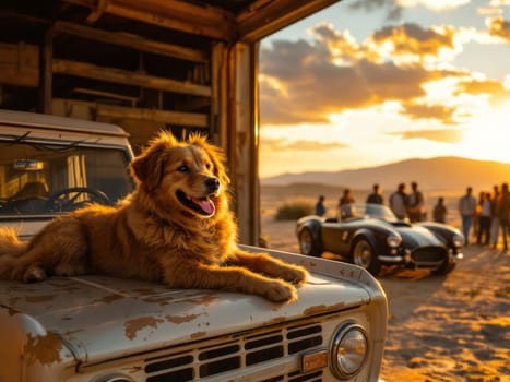 Golden retriever dog lying on a vintage car hood, enjoying a beautiful sunset with friends and a classic sports car in the background. Ai generated