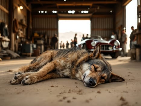 Brown and grey dog sleeping on dusty floor of vintage car garage with mechanics working in background. Ai generated