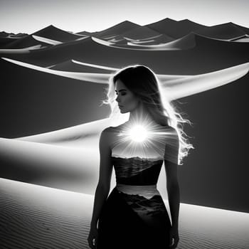 Dreamlike scene featuring womans silhouette against flowing sands. Windswept hair enhances connection to nature, evoking emotions of serenity, freedom, and exploration in stunning landscape