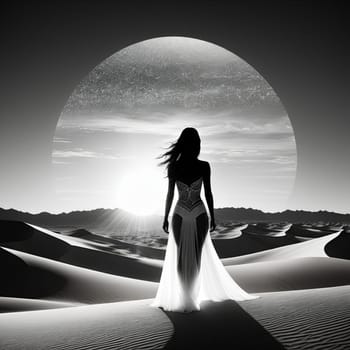 Unique silhouette of woman set against stunning desert scenery. Wind-tossed hair and vibrant colors evoke feelings of adventure and connection to nature, inspiring exploration and appreciation