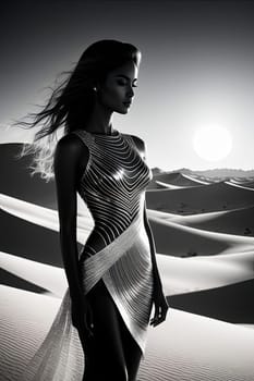 Enigmatic silhouette of woman blends seamlessly with sandy dunes. Her flowing hair dances in the wind, creating a captivating visual that embodies freedom, resilience, and connection to nature