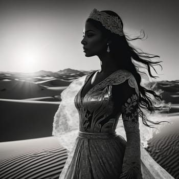 Striking portrait of woman against desert backdrop, her silhouette filled with vibrant sunset colors. Flowing hair captures movement, symbolizing harmony between human spirit and natural world