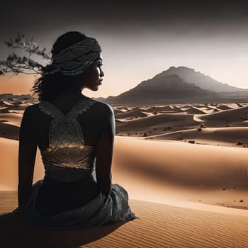 Artistic depiction of womans profile intertwined with desert landscape. Soft colors and flowing lines evoke feelings of peace and introspection, celebrating beauty and strength found in nature