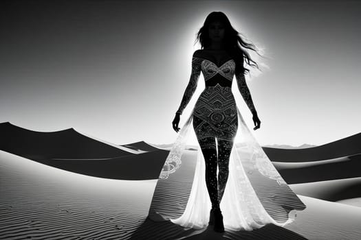 Dreamlike scene featuring womans silhouette against flowing sands. Windswept hair enhances connection to nature, evoking emotions of serenity, freedom, and exploration in stunning landscape