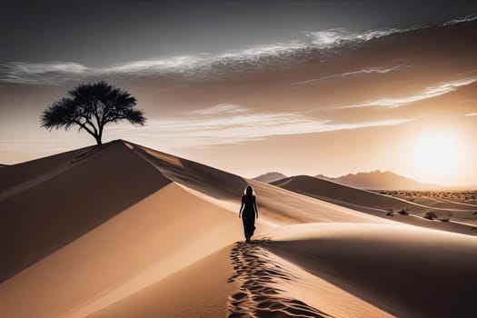 Ethereal silhouette of woman merges with flowing sands, capturing the essence of freedom. Her windswept hair and serene expression reflect beauty and strength amidst breathtaking natural landscape