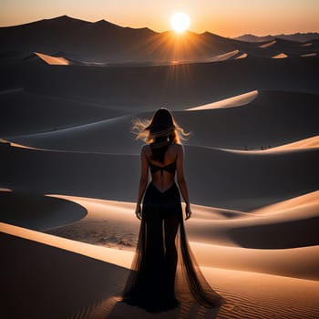 Mesmerizing image of womans profile against dramatic desert landscape. Flowing hair and soft colors create a sense of peace and introspection, celebrating the beauty of the natural world