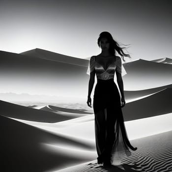 Enchanting portrait of woman with flowing hair, merging with vibrant desert backdrop. Her silhouette symbolizes strength and beauty, inviting viewers to appreciate harmony between humanity and nature