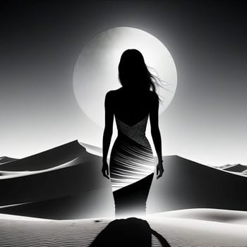 Unique silhouette of woman set against stunning desert scenery. Wind-tossed hair and vibrant colors evoke feelings of adventure and connection to nature, inspiring exploration and appreciation