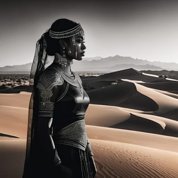 Striking image of woman in profile, harmoniously intertwined with desert landscape. Flowing hair and soft colors create a captivating visual that symbolizes exploration, beauty, and resilience