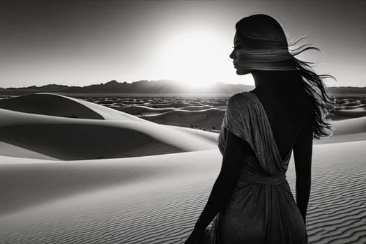 Dreamlike scene featuring womans silhouette against flowing sands. Windswept hair enhances connection to nature, evoking emotions of serenity, freedom, and exploration in stunning landscape