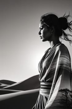 Ethereal image of womans profile blending with desert scenery. Windswept hair and colorful landscape reflect emotions of adventure and tranquility, inviting viewers to explore beauty of nature