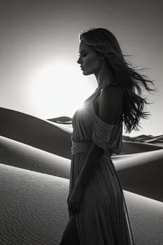Artistic depiction of womans profile intertwined with desert landscape. Soft colors and flowing lines evoke feelings of peace and introspection, celebrating beauty and strength found in nature