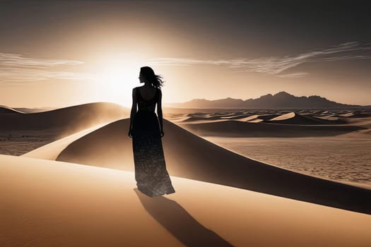 Captivating image of woman in silhouette, harmoniously merging with desert surroundings. Flowing hair and serene expression reflect themes of exploration, beauty, and resilience in natural world
