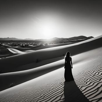 Beautiful silhouette of woman merges with stunning desert landscape. Flowing hair and sand dunes create mesmerizing harmony, evoking themes of freedom, nature, and inner strength in soft lighting
