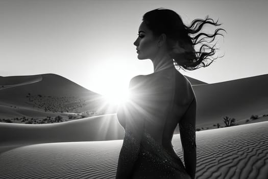 Striking image of woman in profile, harmoniously intertwined with desert landscape. Flowing hair and soft colors create a captivating visual that symbolizes exploration, beauty, and resilience