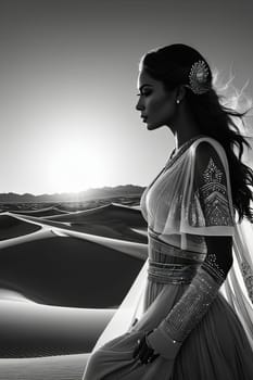 Ethereal silhouette of woman merges with flowing sands, capturing the essence of freedom. Her windswept hair and serene expression reflect beauty and strength amidst breathtaking natural landscape