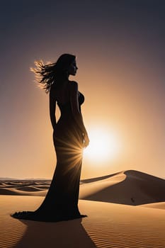 Unique silhouette of woman set against stunning desert scenery. Wind-tossed hair and vibrant colors evoke feelings of adventure and connection to nature, inspiring exploration and appreciation