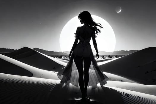 Mesmerizing image of womans profile against dramatic desert landscape. Flowing hair and soft colors create a sense of peace and introspection, celebrating the beauty of the natural world