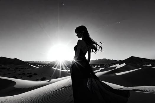Unique silhouette of woman set against stunning desert scenery. Wind-tossed hair and vibrant colors evoke feelings of adventure and connection to nature, inspiring exploration and appreciation