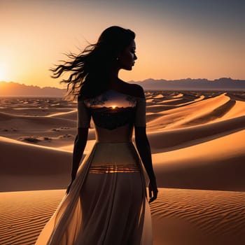 Dreamlike scene featuring womans silhouette against flowing sands. Windswept hair enhances connection to nature, evoking emotions of serenity, freedom, and exploration in stunning landscape