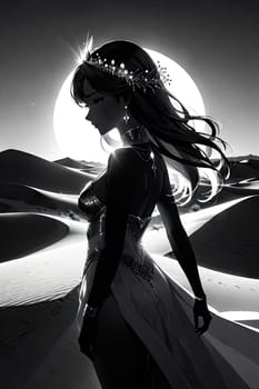 Enchanting portrait of woman with flowing hair, merging with vibrant desert backdrop. Her silhouette symbolizes strength and beauty, inviting viewers to appreciate harmony between humanity and nature