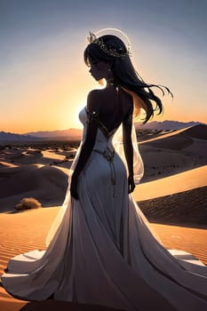 Dreamlike scene featuring womans silhouette against flowing sands. Windswept hair enhances connection to nature, evoking emotions of serenity, freedom, and exploration in stunning landscape