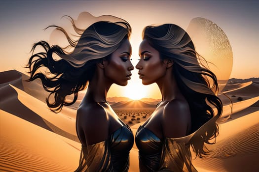 Enchanting portrait of two womans with flowing hair, merging with vibrant desert backdrop. Her silhouette symbolizes strength, beauty, inviting viewers to appreciate harmony between humanity, nature
