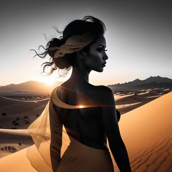Mesmerizing image of womans profile against dramatic desert landscape. Flowing hair and soft colors create a sense of peace and introspection, celebrating the beauty of the natural world