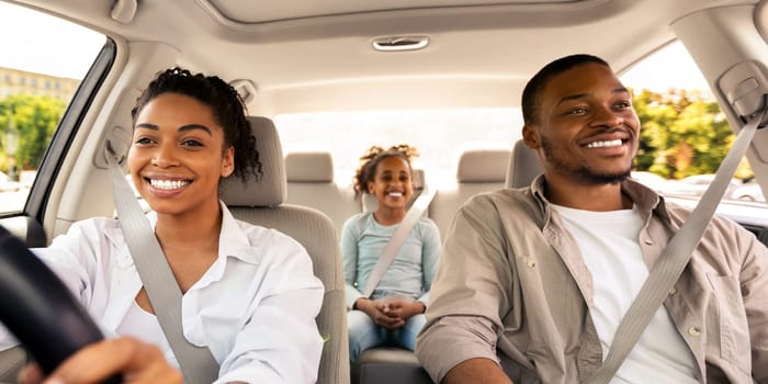 Family Having Car Ride, Woman Driving Enjoying Road Trip With Husband And Daughter On Summer Vacation. Auto Leasing And Purchase. Transportation And Traffic Concept. Selective Focus