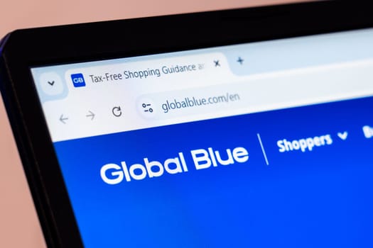 New York, USA - January 10, 2025: Global Blue tax-free shopping guidance website homepage displayed with logo on laptop screen