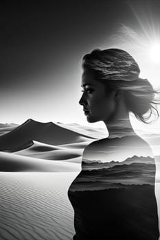 Captivating profile of woman intertwined with desert scenery. Flowing hair, soft contours reflect harmony between human spirit, nature, inviting viewers to explore beauty, serenity of vast landscapes