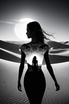 Stunning silhouette of woman with flowing hair merges with breathtaking desert landscape. Intricate details create dreamlike quality, evoking themes of freedom, inner strength against serene backdrop