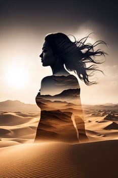 Enigmatic silhouette of woman filled with desert landscape. Flowing hair enhances visual impact, symbolizing freedom, adventure while inviting contemplation of beauty found in natural surroundings