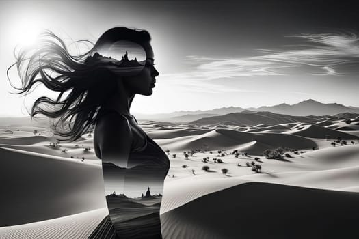Dreamy scene featuring womans silhouette merging with vibrant desert scenery. Flowing hair and serene expression create captivating visual that symbolizes strength, beauty, essence of exploration