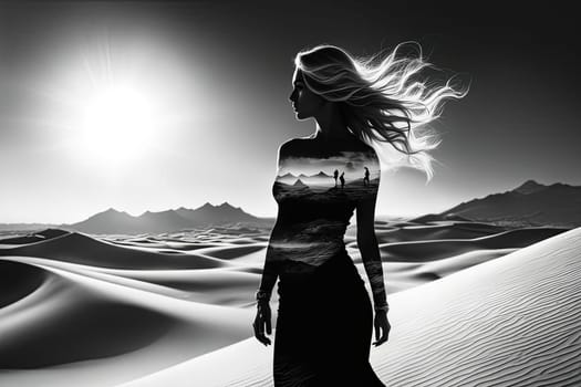 Striking silhouette of woman set against expansive dunes. Her flowing hair and tranquil demeanor embody resilience and grace, evoking emotions of freedom and connection to serene landscape