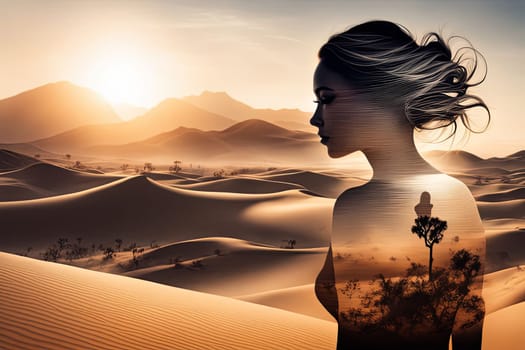 Unique image of woman in profile, seamlessly blending with desert landscape. Windswept hair and soft hues reflect harmony with nature, inviting viewers to appreciate beauty of natural world