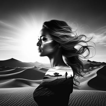 Enchanting depiction of womans silhouette intertwined with desert vistas. Windswept hair enhances the ethereal quality, inviting contemplation of beauty, strength, and the allure of natures landscapes