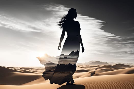 Artistic portrayal of womans profile against stunning dunes. Intricate details and soft colors evoke feelings of tranquility and introspection, highlighting beauty of nature and human connection