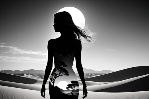 Stunning silhouette of woman with flowing hair merges with breathtaking desert landscape. Intricate details create dreamlike quality, evoking themes of freedom, inner strength against serene backdrop