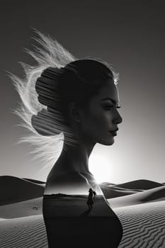 Ethereal image of womans silhouette blended with sweeping dunes. Her windswept hair, tranquil expression convey emotions of exploration, peace, celebrating connection to nature in mesmerizing way