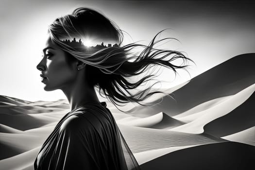 Ethereal silhouette of woman merging with sweeping desert landscape. Flowing hair and tranquil expression evoke a sense of adventure and connection to nature, celebrating beauty of the natural world